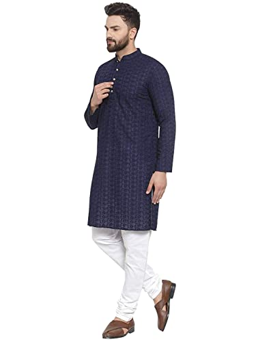 Indian Handicraft Chikankari Cotton Men Festival Floral Embroidered Straight Kurta Mandarin Collar Traditional Dress2