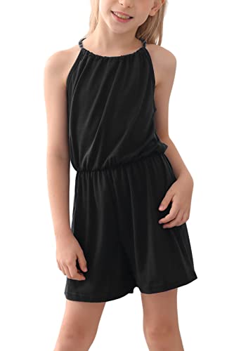 GORLYA Mädchen-Jumpsuit, ärmellos, Neckholder, lässig, kurz, Strampler, Outfits für 4–14 Jahre, Schwarz, 12 Jahre