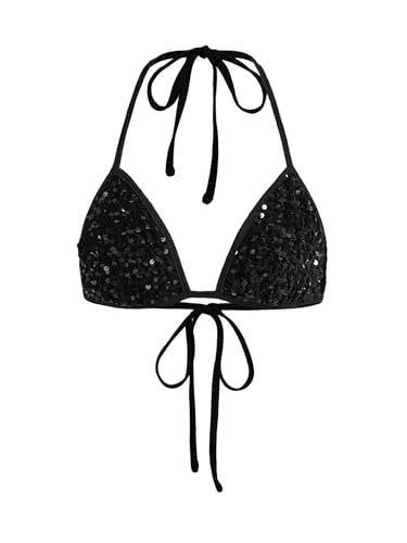 OYOANGLE Womens Sparkling Sequin Crop Halter Tops Tie Backless Micro Triangle Bra Y2K Rave Tops Black Medium