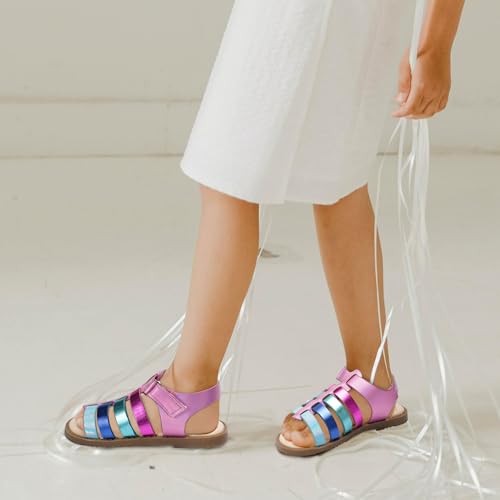 Dodow Girls Sandals Open Toe Hook and Loop Flat Dress Sandals Summer Shoes for Toddler Little Kid 6