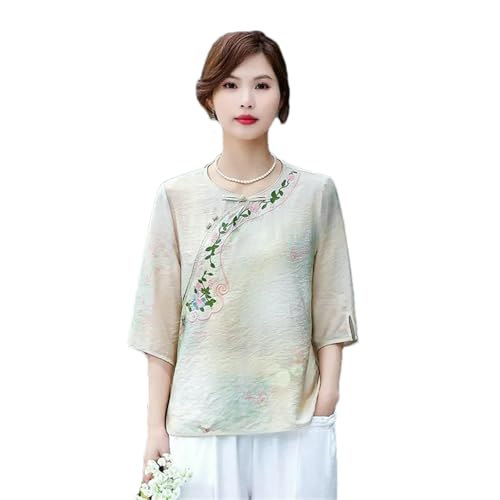 Chemisier chinois brodé lin et coton col mandarin chemise d'été vintage femme
