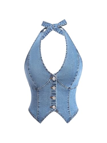 Floerns Women's Halter Denim Tank Top Button Down Backless Party Cropped Jean Tops