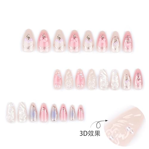 Image of Flower Press on Nails White Fake Nails Medium Almond False Nail with 3D Pearl Butterfly Design Pink Ombre Glue on Nails Artificial Acrylic Nail Gild Line Stick on Nail for Women Manicure 24Pcs