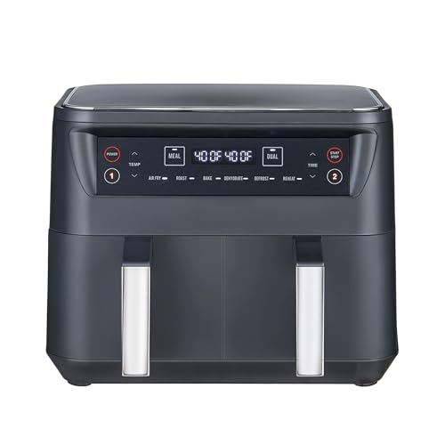 Niceey Freidora de aire sin aceite – 2460W – 2x4L Doble Cesta – Recipiente Antiadherente – Tecnología Dual – 8L – Cajones aptos para lavavajillas – Negra