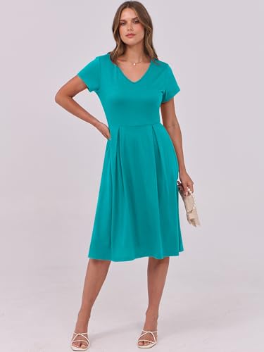 Image of ANRABESS Women Summer Dress Casual Short Sleeve V Neck A-Line Knee Length Pleated Flowy 2026 Fashion Midi Dresses with Pocket