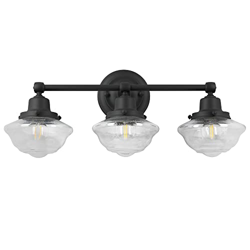 Image of Design House Vintage-Inspired Schoolhouse 3-Light Dimmable Vanity Light, 23.125 in x 7.625 in x 9.5 in, Matte Black, Clear Seeded Glass Shades, 589143-BLK