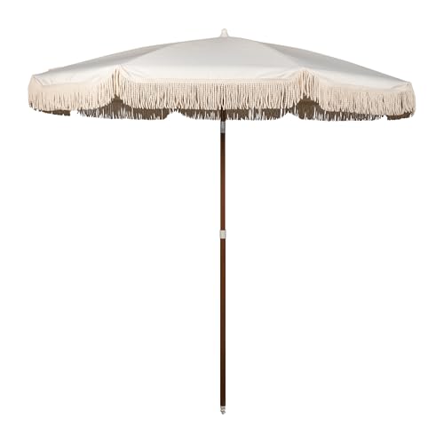 BEACH STATE Summerland 6.5ft Beach Umbrella with Fringe, UV 50+ Patio Umbrella with Titlting Pole, Holiday Tassel Umbrella with Carry Bag, (Driftwood)