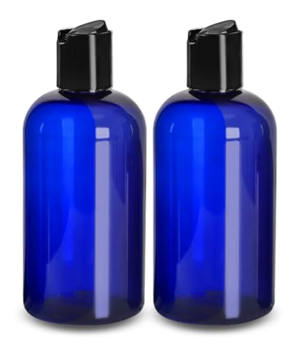 ljdeals 8 oz Cobalt Blue Plastic Empty Bottles with Black Disc Top Caps, Refillable Containers for Shampoo, Lotions, Cream and More, BPA Free, Pack of 2, Made in USA