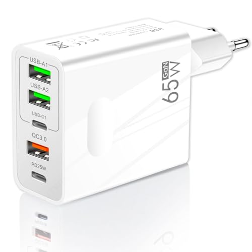 3-Stars - 2025 - Cargador de 65W con 5 Puertos USB - 2 Tipo C y 3 Tipo A - Carga Rápida QC 3.0 - Compatible con Samsung, iPhone, Xiaomi - Certificado CE - Color Blanco