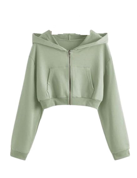 2 Pc Collection Casual Wear Solid Crop Zipper Jacket Hooded Neck Full Sleeves Fleece Regular Fit Hoodie for Women (Large, Pista)