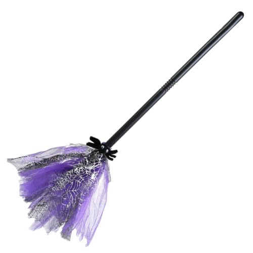 Image of Halloween Purple Witch Broomstick with Silver Spider Web Tulle & Spider