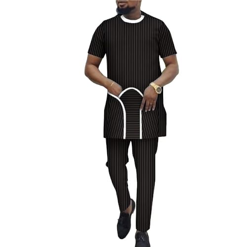 African Suit for Men Traditional Stripe Blazer and Pants 2 Piece Set Business Shirt Party Wedding Evening