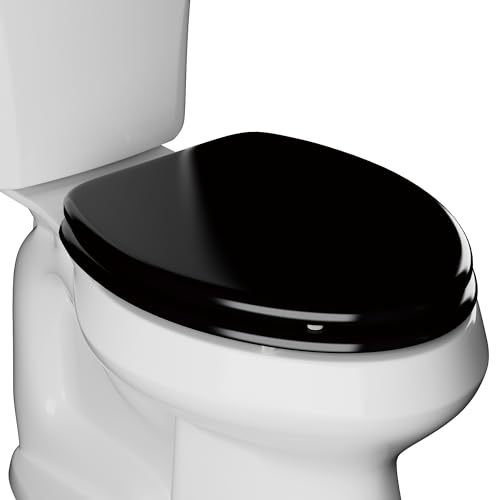 Deewow Black Elongated Wood Toilet Seat Heavy Duty Toilet Seat with Baked Enamel Finish Support 400 lbs Oval Wooden Toilet Lid with Chrome Hinges Grip-Tight Bumpers - Easy to Clean Quick Assembly