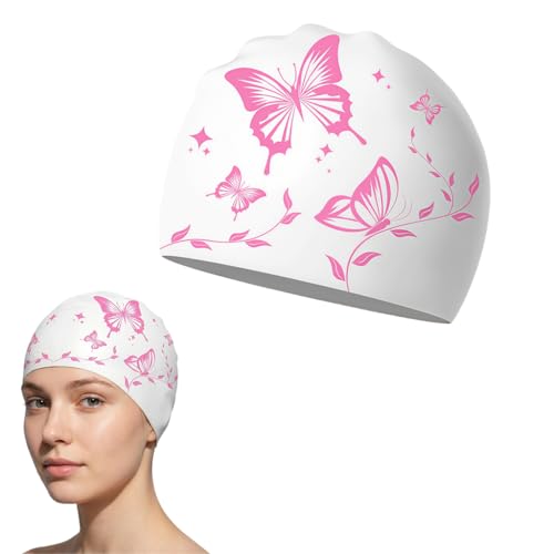Image of Proberos Swimming Cap for Women & Girls, Waterproof Silicone, Pressure-Free Fit Swim Cap, Long Hair Swimming Head Cap, Wrinkle-Free Women Swim Pool Cap for Long Hair, Butterfly Prints