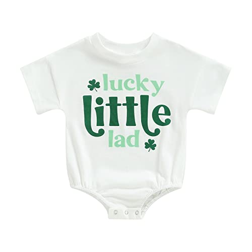 Image of Baby St. Patricks Day Outfit Boy Girl Oversized Romper Bubble Tshirt Onesie Four Leaf Clover Luck Irish Bodysuit