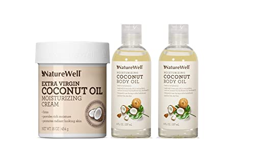 Nature Well Extra Virgin Coconut Oil Moisturizing Cream 16 Oz + Body Oil 2Pk (8 Oz Each) Bundle, Lightweight, Intense Hydration, Safe For Sensitive Skin #TOP10