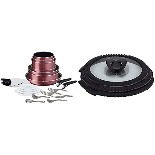 Tefal Ingenio Essential Batterie de cuisine 20 p, Casseroles, Poêles, Couvercles, Sauteuse, Cuillère, Spatules, Louche, Fouet, 2 poignées & INGENIO Lot 3 Couvercles Egouttoirs 16/18/20 cm L9881002