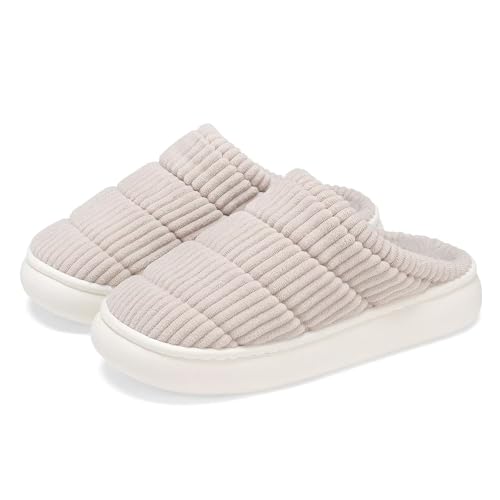 NineCiFun Womens House Shoes Warm Memory Foam Slippers for Women Indoor Soft Fleece Lined Womens Slippers Beige,13-14