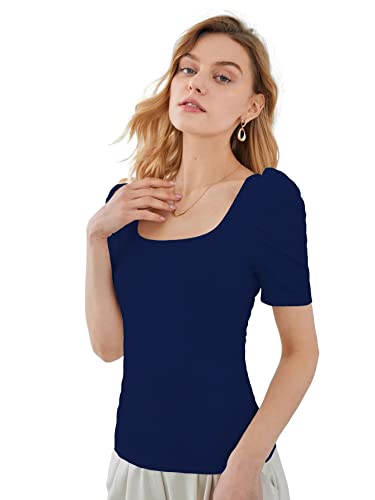 Image of Shasmi Women's & Girl's Polyester Pleated High Neck Short Puff Sleeve Ruched Bust Solid Regular Fit Top