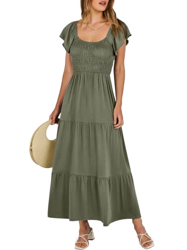 ANRABESS Women’s 2024 Summer Casual Maxi Dress Flutter Sleeve Scoop Neck Smocked Tiered A Line Flowy Beach Long Sun Dresses
