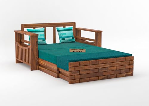 Image of Solid Sheesham Wooden Sofa Cums Bed with Mattresses for Living Room | Rosewood 2 Seater Sofa Cums Bed for Bedroom Without Pillow (C-Natural Finish)