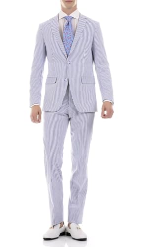 Men's 2 Piece Seersucker Suits Lightweight Breathable Beach Wedding Casual Striped Blazer Pants Summer Wear Suit4