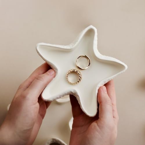 Image of TREETRUNK Handmade Concrete Starfish Trinket Tray | Jewellery /Makeup /Table Organizer l Home Decor l Candle Tray | Multipurpose (13.5x13x1.3cm) White