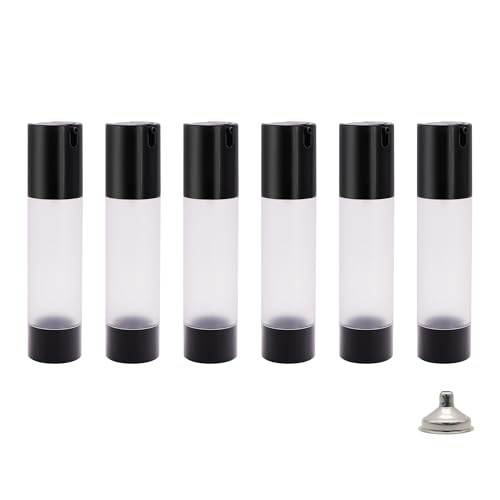 AJLTPA 6Pcs 1.7oz 50ml Frosted Transparent Airless Pump Bottles with Funnel, Travel Size Vacuum Dispenser Refillable Cosmetic Containers For Foundations, Cream, Serums, Shampoo, Lotion(Black)