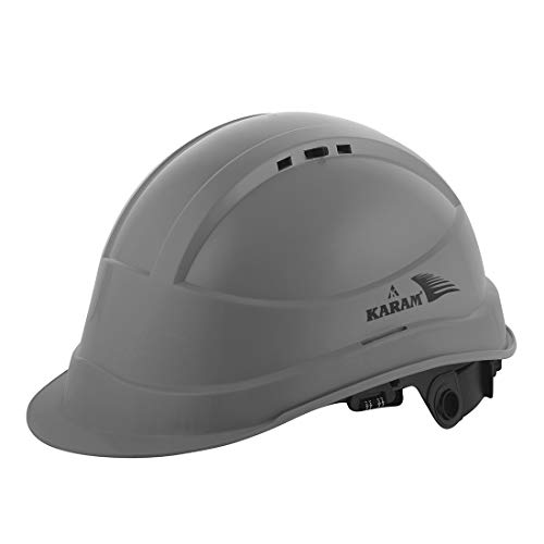 Image of KARAM PN542 Safety Helmet for Men Industrial & Construction Helmet | Ratchet Type Adjustment with Adjustable Chin Strap | Ventilation & Side Slot for Attachment | EN Certified Hard Hat | Apex Grey