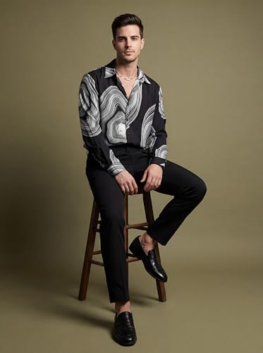 Image of GRECIILOOKS Men's Poly Blend Regular Fit Shirt | Abstract Wave Printed Shirts for Men | Trendy Button Down Stylish Shirt for Man | Casual Summer Outfit