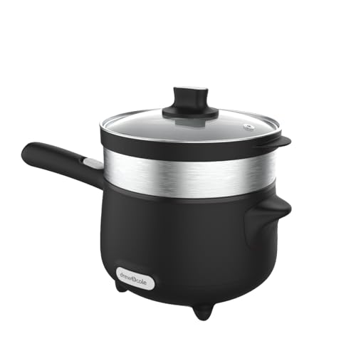 Drew&Cole CleverPot 1.2L Cooking Pot in Black - Energy Efficient, Compact, Portable & Easy to Use - Serves up to 3 People - 2 Power Settings - Sleek Design - With Glass Lid & Steam Basket - 600W