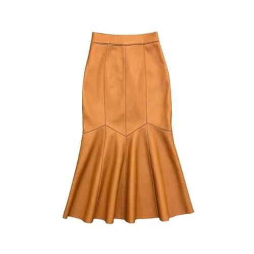 Women High Waist Genuine Leather Midi Skirt Fashion Patchwork Fishtail Wrap Long Pleated Skirt2