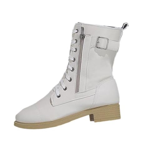 Image of Jhebeks Beige Womens Boots Lace Up Low Heeled Classic Side Zipper Belt Buckles Short Biker Ankle Boots Leather Waterproof Warm Winter Ladies Walking Booties for Business Office Size 3.5