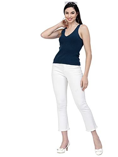 Image of Kalt Women Knitted, Ribbed Cotton Fitted Sleeveless V-Neck Cami Tank Top for Women Stylish