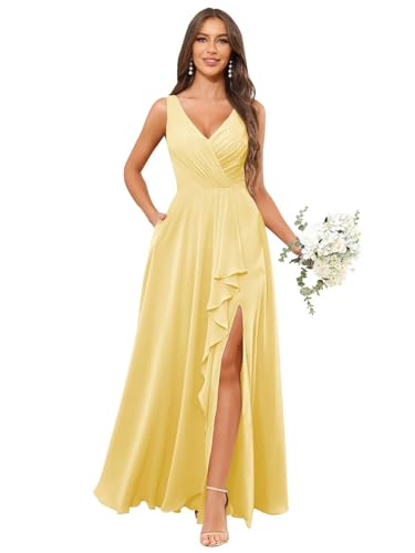 Image of HANVAIOS Long Chiffon V Neck Bridesmaid Dresses for Women Formal Dress with Pocket