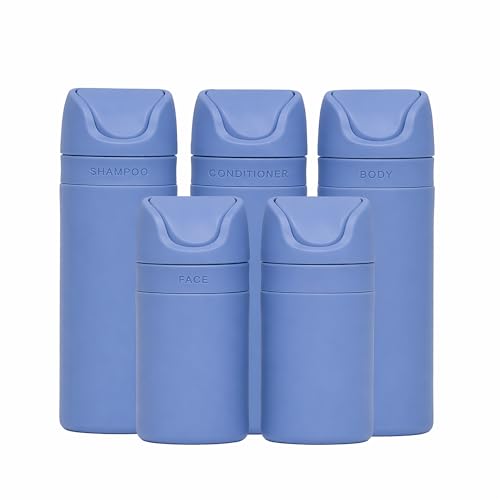 Image of RIES Essential Refillable Toiletry Travel Bottles Airless Pump Set | TSA Approved, Leak Proof Airless Pump, BPA Free Recycled Plastic, 5 Piece Blue Color Set, Dishwasher Safe