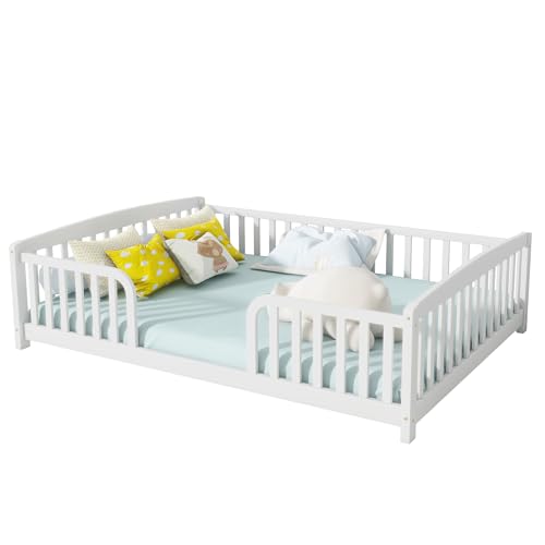 Image of Bellemave Full Size Montessori Floor Bed Frame with High Fence, Solid Wood Kids Floor Bed with Central Entrance, Low Profile Bed for Boys & Girls, Rounded Corner Design,White