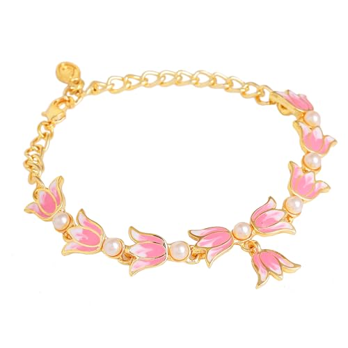 Plated Lotus and Enamel Pearl Link Bracelet