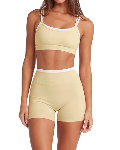SUUKSESS Women 2 Pieces Workout Sets Padded Spaghetti Straps Tank Tops High Waist Biker Shorts Gym Yoga Active Wear Matching Sets (Yellow, XL)