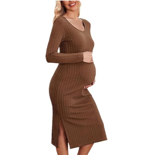 Vestido de Maternidad Mujeres Manga Larga Embarazadas Ropa Fruncida para Embarazadas Moda Casual Color sólido Cuello Redondo Primavera Verano Vestido Largo premamá Vestidos de Noche