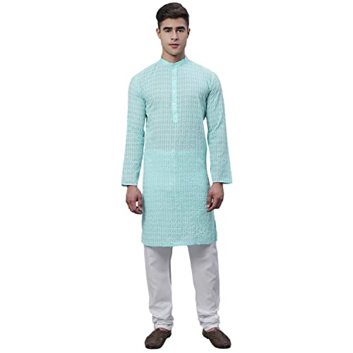 Image of SOJANYA (Since 1958 Men's Pure Cotton Blue Kurta with White Embroidery and White Pyjama Set