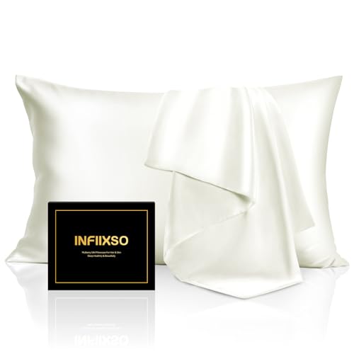 Image of INFIIXSO Mulberry Silk Pillowcase for Hair and Skin, Silk Pillow Cases Queen Size Set of 2 with Hidden Zipper 20 inchx30 inch, Ultra Smooth and Soft Cooling Pillow Cases for Hot Sleepers(Cream, 2 Pack)