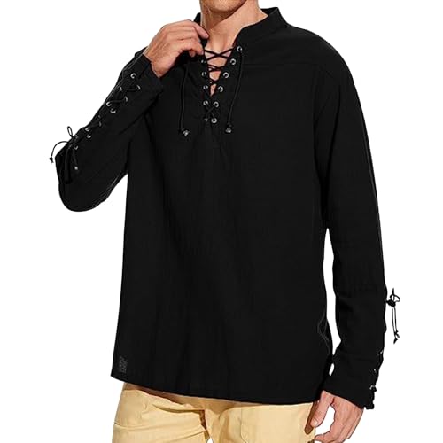 GENEMEN Hemd Herren Mittelalter Renaissance Hemd Langarm Halloween Piratenhemd Kostüm Party Festival Outfit (Schwarz M)