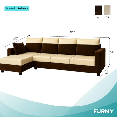 Image of FURNY Arissa 6 Seater Fabric LHS L Shape Sofa Set (Cream-Dark Brown) Premium Velvet Finish | Durable Comfort | Ideal for Living Room