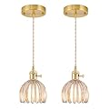 Mini Pendant Lights Kitchen Island 2 Pack, Small Adjustable Pendant Light Fixture with Amber Tulip Glass Lampshade, Vintage Gold Pendant Lighting, Pendant Light for Bedroom Dining Room Hallway