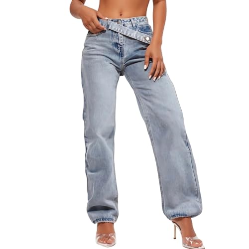 Jean taille haute ample femme retro en denim extensible confortable