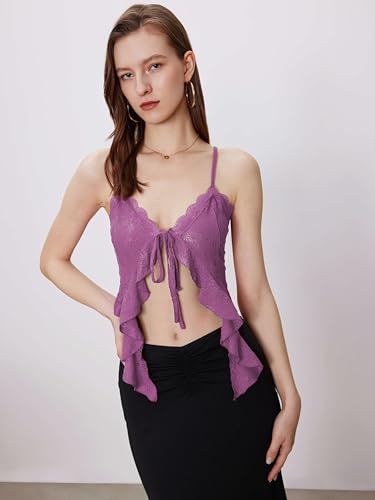 Image of CIDER Going Out Tops for Women Y2K Tie Front Lace Cowgirl Crop Tops | Asymmetrical Ruffle Hem, Spaghetti Strap, Country Concert, Western, Summer Outfits