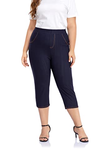 ELISS Women's Plus Size Jean Look Jeggings Stretch High Waisted Denim Skinny Pull-on Capri Pants with Pockets (1X-4X)3