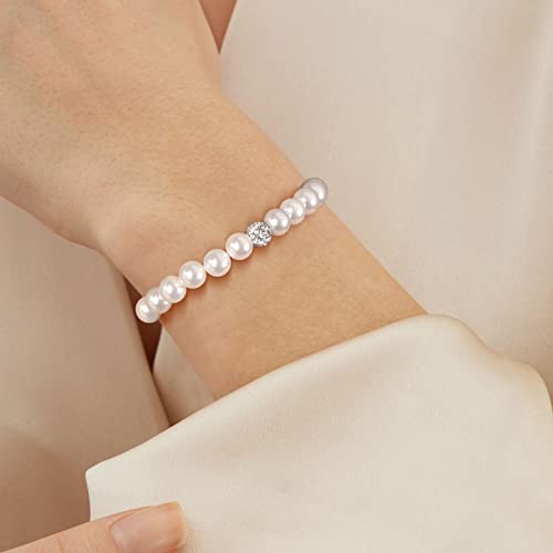 Women Round White Pearls Bracelet: Elegant Strand Jewelry with Rhinestone Clay Beads Ball for Woman Girls Lady - Trendy Simple Dainty Wedding Fashion Prom Accessory for Mother4