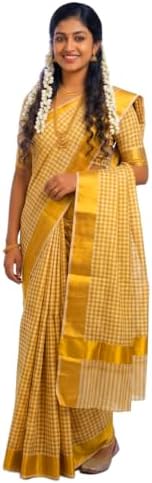 Women's Kerala Traditional Cotton Gold Jari Checked Kasavu Saree with Running Blouse
